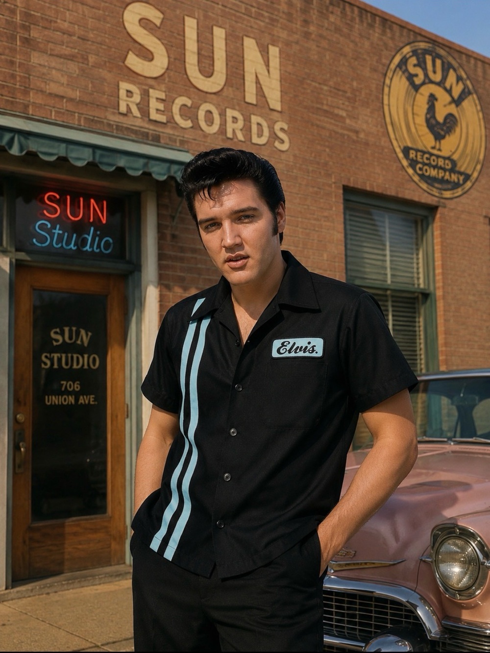 Steady Clothing ELVIS Black Short-Sleeve Button-Down Shirt with White Stripes